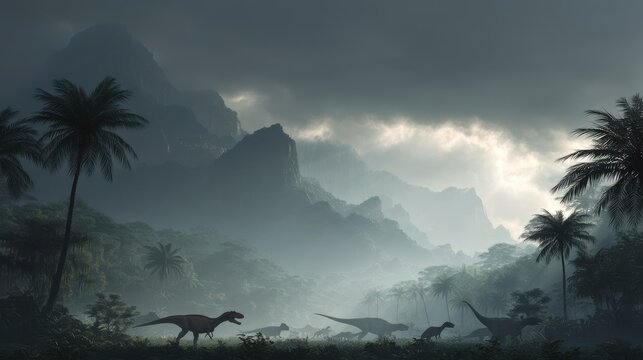 Prehistoric dinosaurs in misty tropical jungle landscape