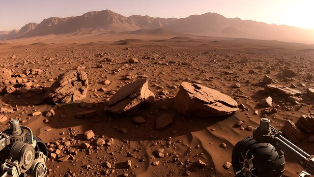 Mars Rover Exploring Rocky Red Planet Landscape at Sunset - Sci-Fi Space Exploration