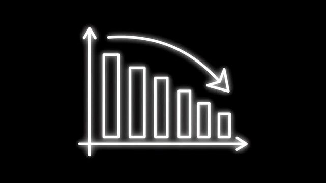 White line chart showing bars of decreasing height with a curved arrow pointing down on a black background for data and finance themes
