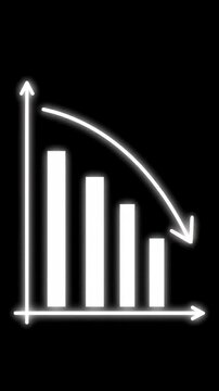 Decreasing bar graph with a white arrow curving downwards to represent a drop in numbers or negative performance on a black background