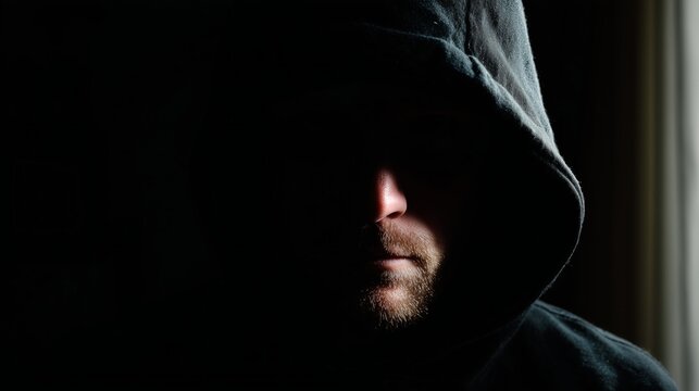 Unrecognizable criminal man in a dark hoodie with face hidden in deep shadow, showing secrecy and enigma with copy space