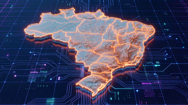 A glowing orange map of Brazil is displayed on a futuristic digital circuit board background