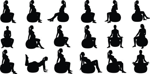 Set of pregnant woman silhouettes exercising with fitness ball in various poses isolated on white background