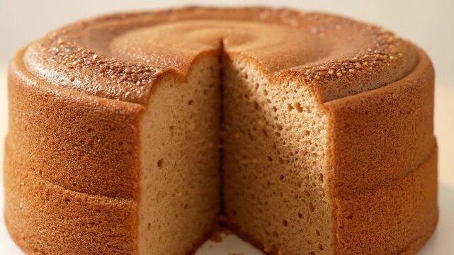 Close-up of a perfectly baked, fluffy Chiffon or Sponge Cake with a golden brown exterior, revealing the airy, porous texture of the interior where a slice has been cut out.