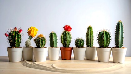 Row of cacti in white pots, some with colorful blooms, on a light wood surface