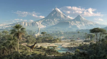 Canvas schilderij Kaki Prehistoric landscape with dinosaurs and volcanoes  © Aiy JR Stock