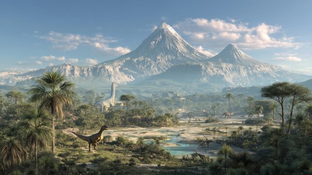Prehistoric landscape with dinosaurs and volcanoes