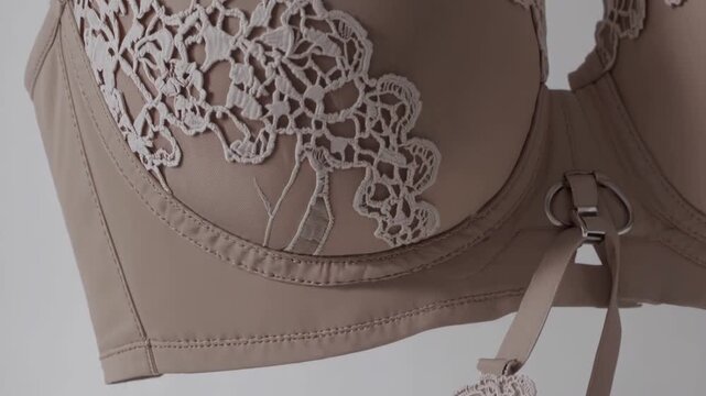 Elegant Floral Lingerie. Studio Shot Showcasing Intricately Detailed Embroidered Lace Bra. Highquality Product Photography Emphasizing Fine Embroidery And Supportive Structure Of Beige Lace Bra