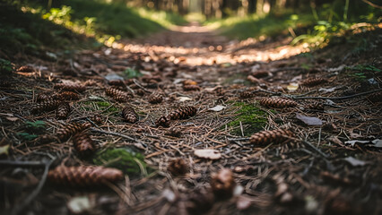 Forest Path Lined with Pinecones and Moss, Golden Sunlight Dapples the Ground
