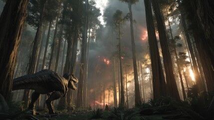Dinosaur in Fiery Ancient Forest Landscape