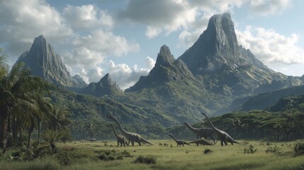 Prehistoric landscape with dinosaurs and towering mountains