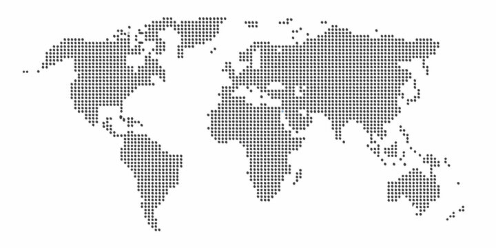 Pixelated world map illustration with continents and oceans clearly defined