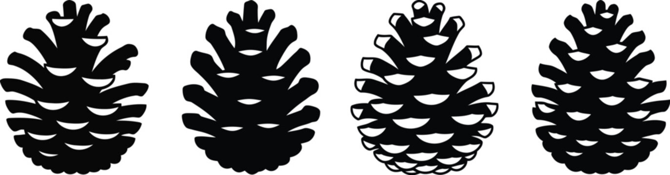 Collection of four distinct black and white silhouette illustrations depicting pine cones of varying shapes and sizes arranged horizontally across the composition against a plain backdrop.
