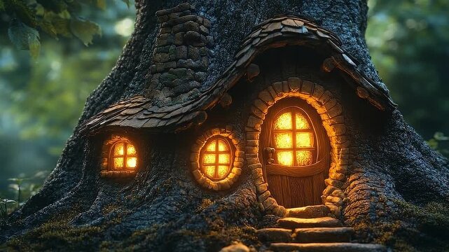 Enchanted treehouse glowing in a mystical forest