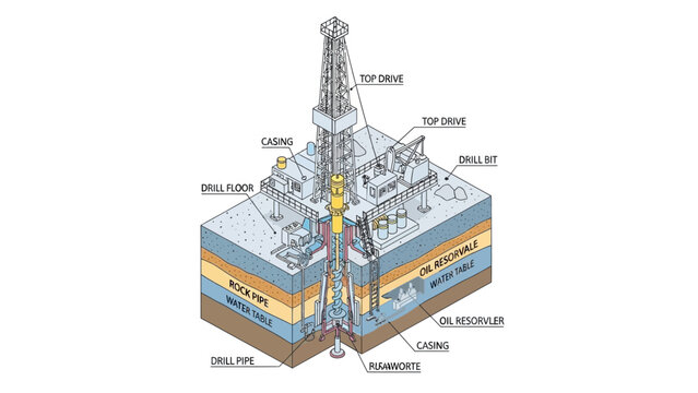 Detailed Cross Sectional View of an Oil Drilling Rig and Underground Geological Formations.