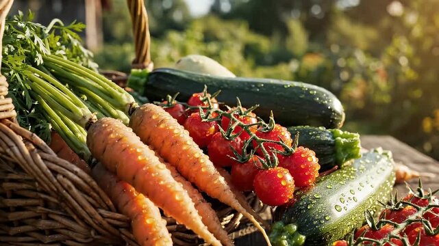 Harvest Bounty Fresh Vegetables In Wicker Basket With Morning Dew In Garden Outdoor Setting