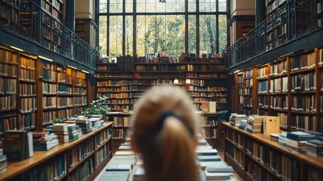 Student exploring a vintage library filled with books