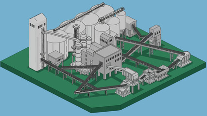 Naklejka premium Isometric Illustration of a Large Industrial Plant with Silos and Conveyor Belts.