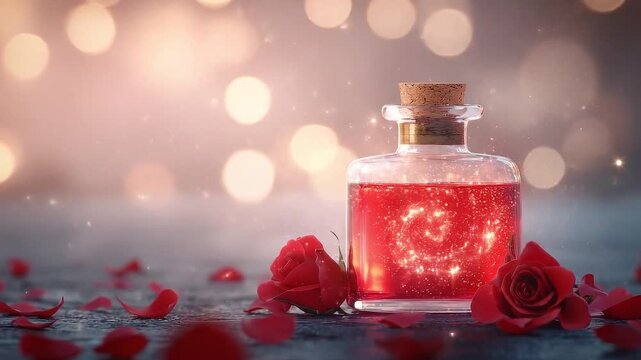 A love potion surrounded by rose petals and magic light
