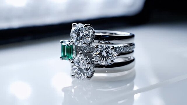 Luxury Stacked Diamond and Emerald Engagement Rings with Platinum Band Close Up Studio Lighting