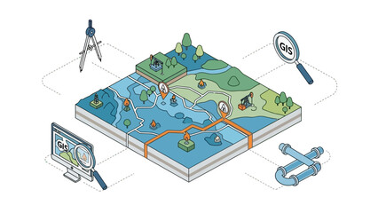 Isometric Map with GIS Tools and Data Analysis. © Fais
