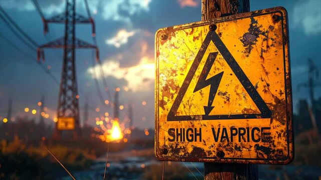 A weathered yellow sign, electricity warning, stands before a power pylon at dusk