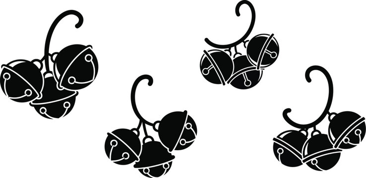 Collection of four distinct stylized black and white silhouette clusters featuring traditional sleigh bells with curved hooks perfect for holiday decoration or musical theme designs