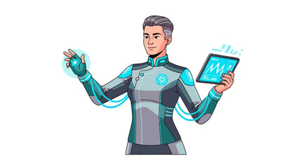 Pixel art of a person in a futuristic suit interacting with holographic technology