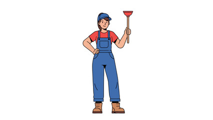 Plumber holding a plunger wearing blue overalls and a red shirt