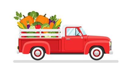 Red pickup truck loaded with fresh produce