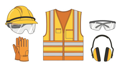 Safety gear including hard hat gloves vest goggles and headphones