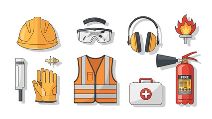 Safety equipment including a hard hat goggles vest gloves and fire extinguisher