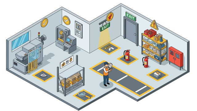 Isometric view of a factory floor with worker and machinery.