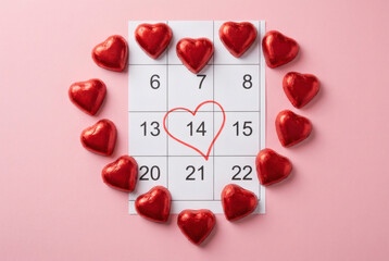 Valentine's Day concept. Calendar with February 14th circled by a hand-drawn heart, surrounded by red foil chocolate hearts on a pink background. Top view, flat lay with copy space.

