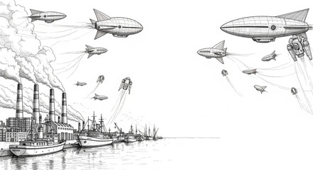 Steampunk Airships Flying Over Industrial Cityscape with Smoke Stacks. © Dolar