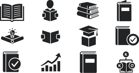 Collection of black and white education and book icons with various symbols open book © Rakibul