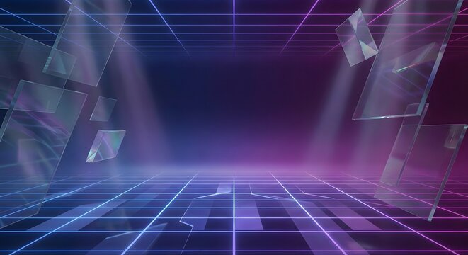 Futuristic 3D cyber grid background with glowing neon lines, floating glass panels, and a deep blue to magenta gradient. Minimalist tech aesthetic with cinematic lighting and depth perspective.