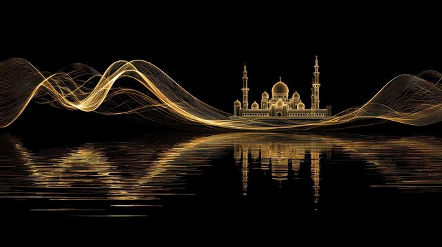 Golden Ornate Taj Mahal Silhouette Amidst Dotted Wave Patterns on Black Background