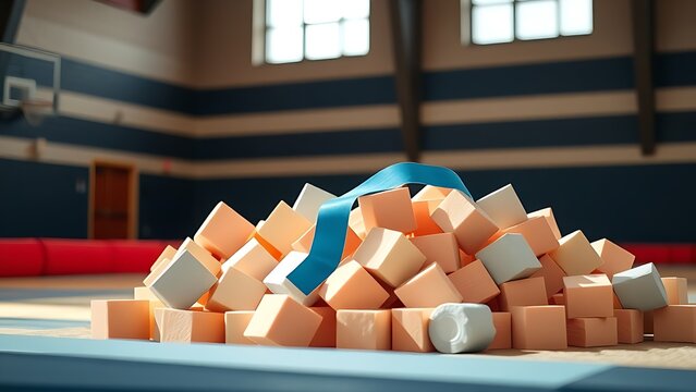 pit. A pile of soft foam cubes in a gymnasium pit with athletic tape on top. event key visuals, club posters, designed for sports event promotions and stadium branding, used by sports marketers.