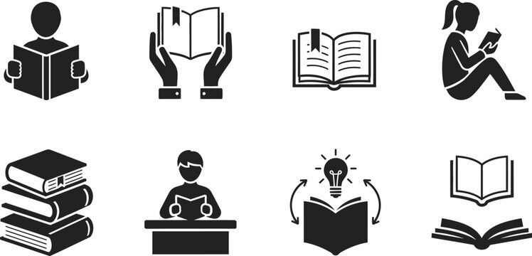 Collection of eight black and white icons representing reading and knowledge book