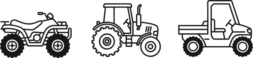 Agricultural farm vehicle line icon set featuring tractor ATV quad bike and pickup truck vector illustration collection © MDSAIFUL