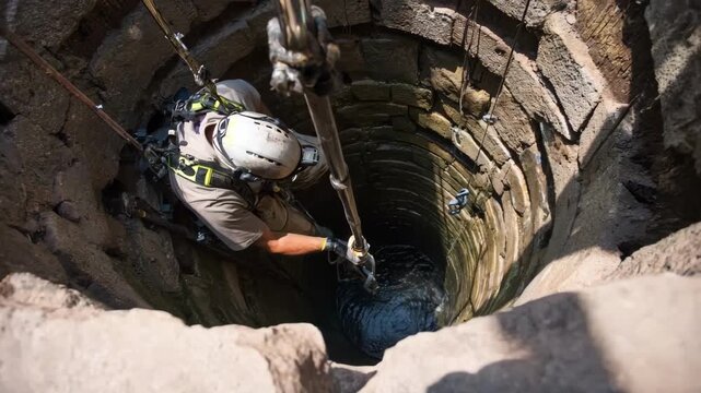 Technician operates a borehole camera thoroughly inspecting the inner walls of a deep water well for safety and maintenance efficiency.