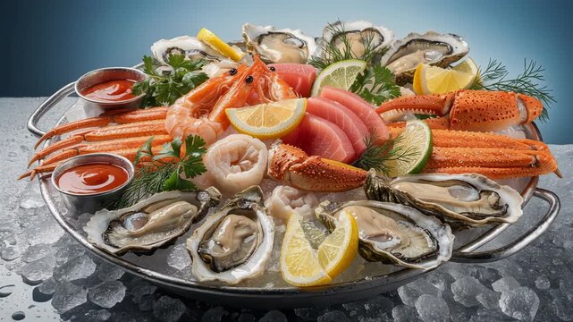 Fresh seafood platter with oysters crab legs shrimp and sashimi garnished with lemon and herbs on ice