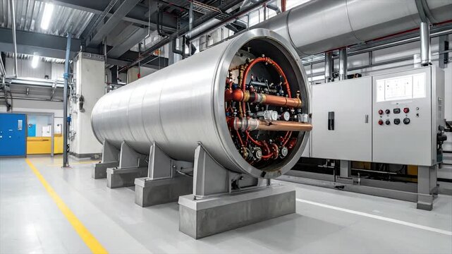 Large cylindrical industrial machine with internal piping and control panel in a factory setting