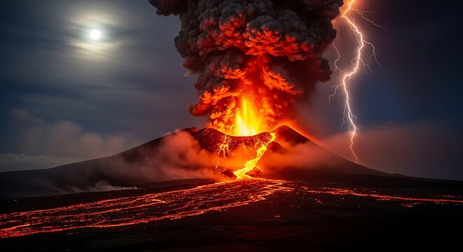 A blazing inferno consumes the night forest under a glowing red sky, where intense flames and thick smoke create a dangerous yet abstract landscape of heat and light