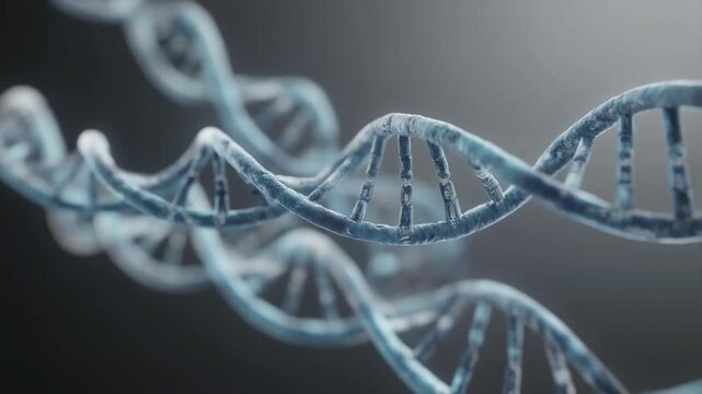 Close up view of DNA double helix strands with molecular structure in scientific background