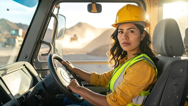 A woman wearing a yellow hard hat and vest looks at camera from inside a truck