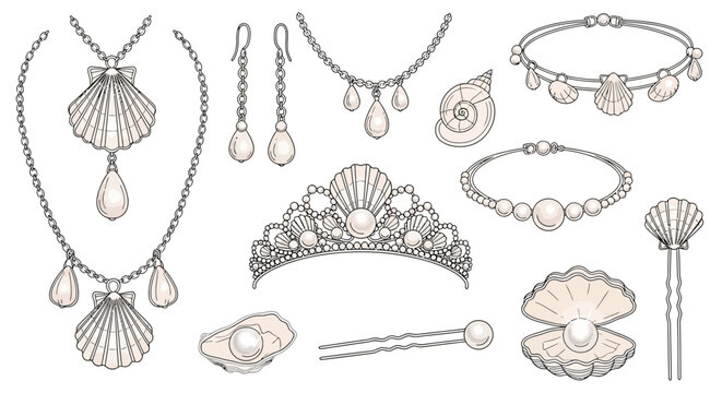 A collection of elegant pearl and seashell-themed jewelry, including necklaces, earrings, bracelets, a tiara, and hair accessories, rendered in a detailed illustration style.