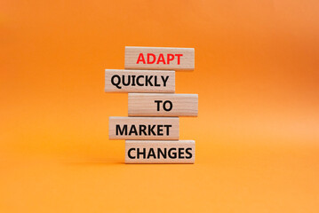 Obraz premium Market Changes symbol. Wooden blocks with words Manage and Adapt quickly to market changes . Beautiful orange background. Businessman hand. Business and Market Changes concept. Copy space