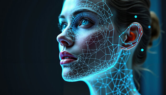 Futuristic digital woman portrait with a glowing wireframe design on a dark background
